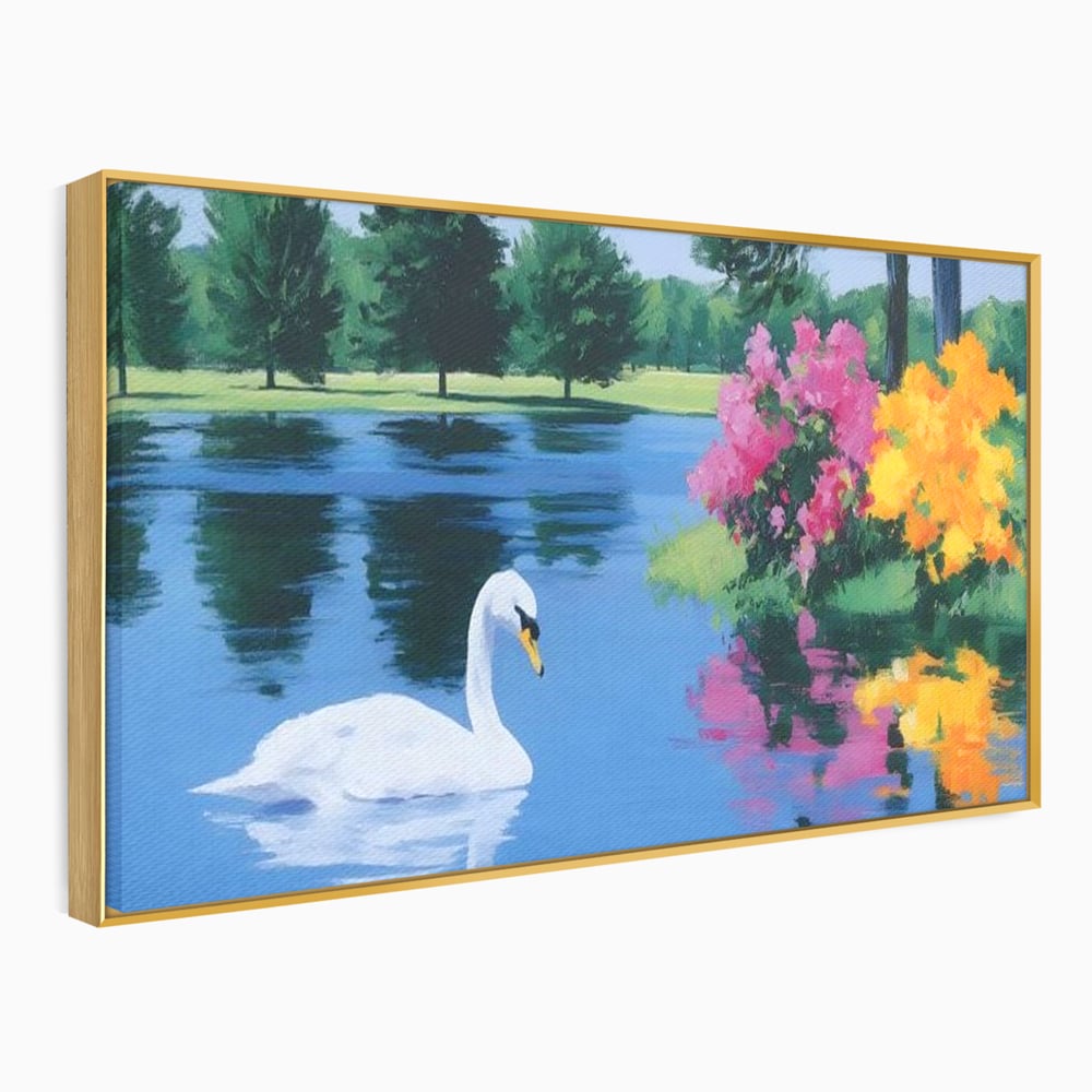 Tablou canvas cu pictura cu lebada pe lac si flori, in rama de aluminiu auriu